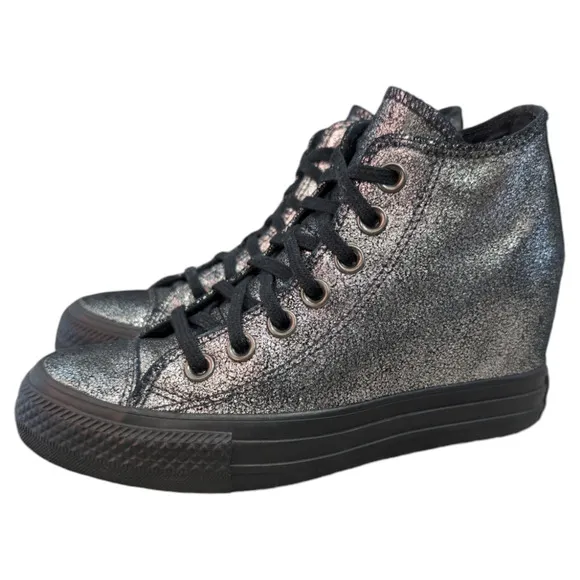 Converse 2017 Lux Mid Hidden Wedge Heel Metallic Sparkle Black Womens Sneaker 5