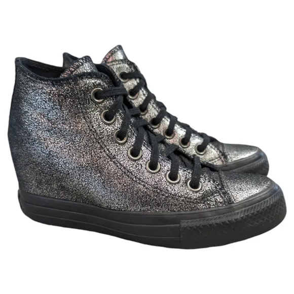 Converse 2017 Lux Mid Hidden Wedge Heel Metallic Sparkle Black Womens Sneaker 5