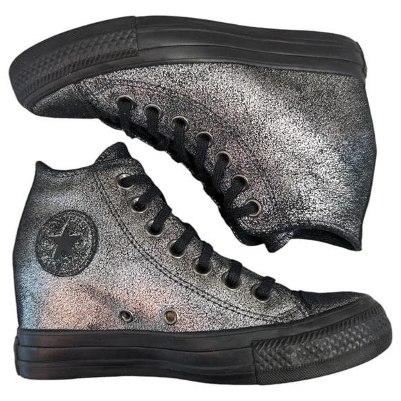 Converse 2017 Lux Mid Hidden Wedge Heel Metallic Sparkle Black Womens Sneaker 5