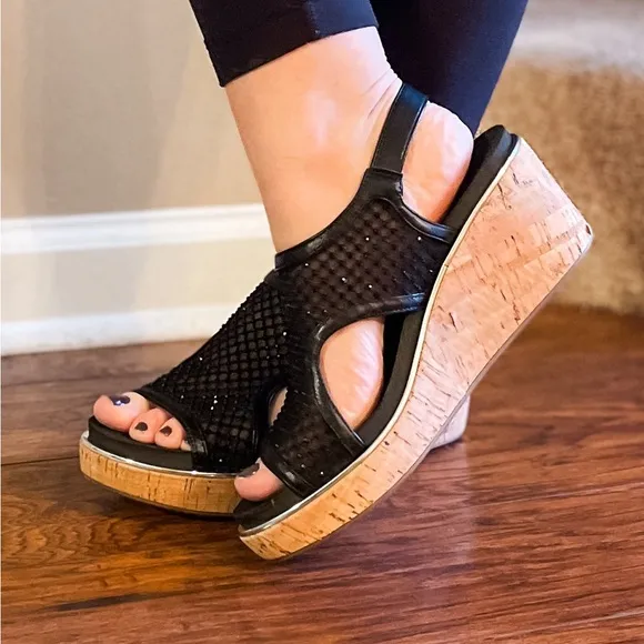 Corkys Footwear Black Mesh Carley Wedge Sandal Holiday Style
