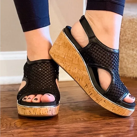 Corkys Footwear Black Mesh Carley Wedge Sandal Holiday Style