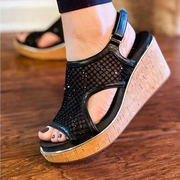 Corkys Footwear Black Mesh Carley Wedge Sandal Holiday Style