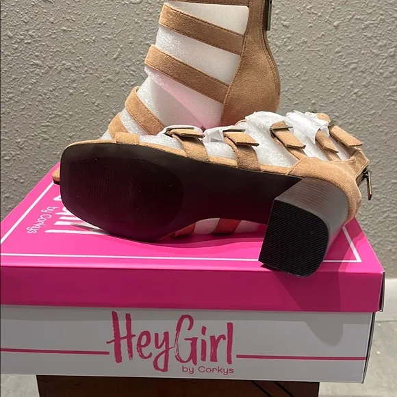 Corkys Tan Gladiator Heels with Chunky Block Heel
