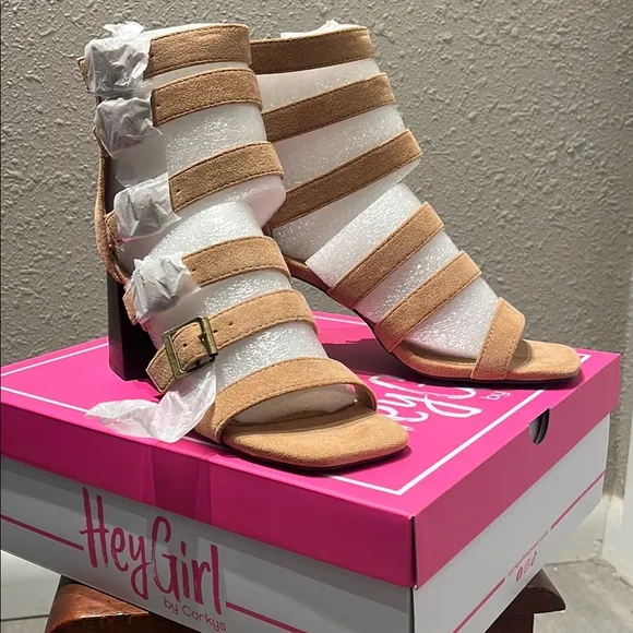 Corkys Tan Gladiator Heels with Chunky Block Heel