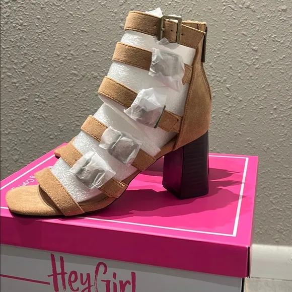 Corkys Tan Gladiator Heels with Chunky Block Heel