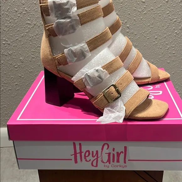 Corkys Tan Gladiator Heels with Chunky Block Heel
