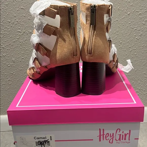Corkys Tan Gladiator Heels with Chunky Block Heel
