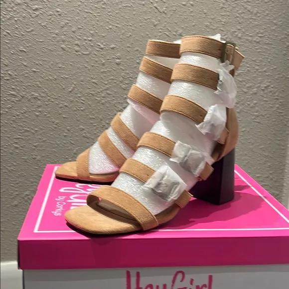Corkys Tan Gladiator Heels with Chunky Block Heel