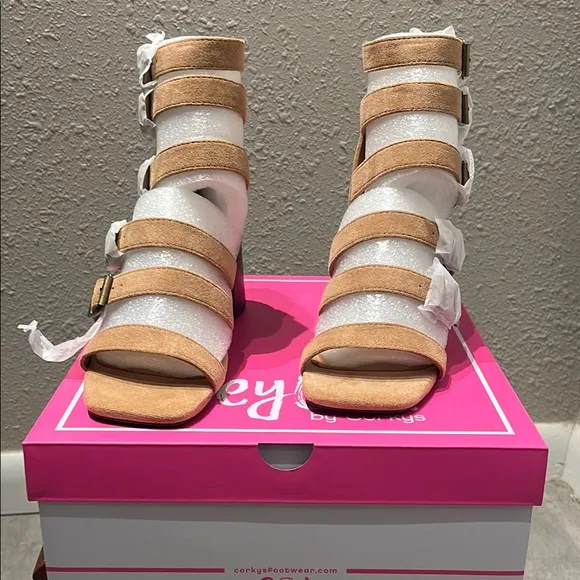 Corkys Tan Gladiator Heels with Chunky Block Heel