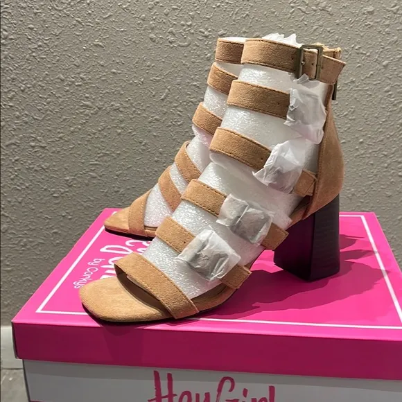 Corkys Tan Gladiator Heels with Chunky Block Heel