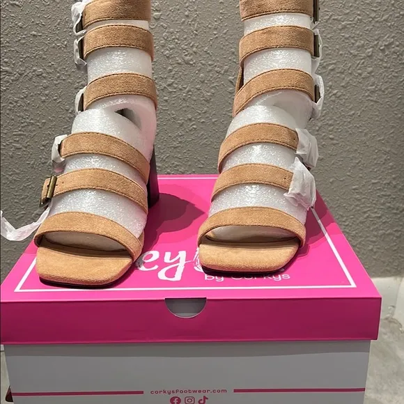 Corkys Tan Gladiator Heels with Chunky Block Heel