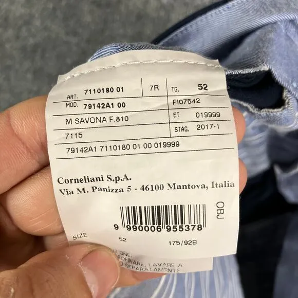 Corneliani Dress Pants Men's Size 52 Navy Slim Cotton Fit Formal Tailored Wash