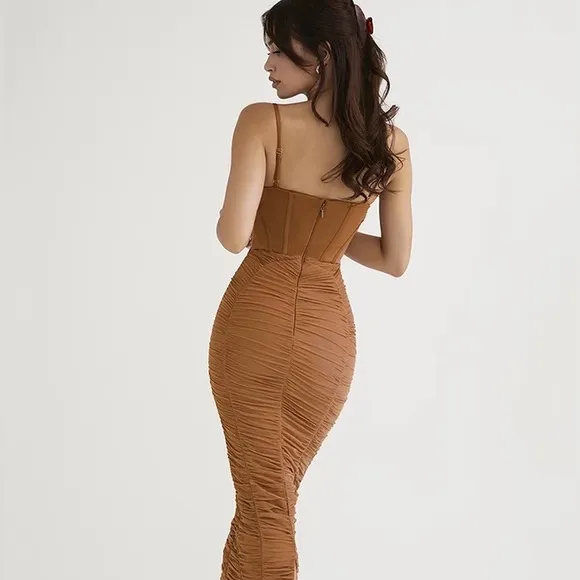Corset dress ruched brown tan sexy bodycon maxi dress party event women’s
