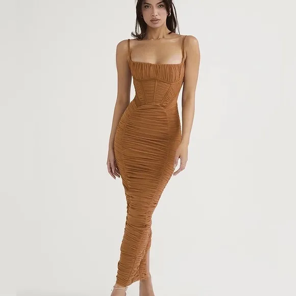 Corset dress ruched brown tan sexy bodycon maxi dress party event women’s