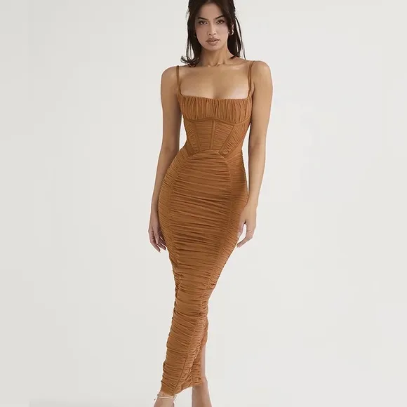 Corset dress ruched brown tan sexy bodycon maxi dress party event women’s