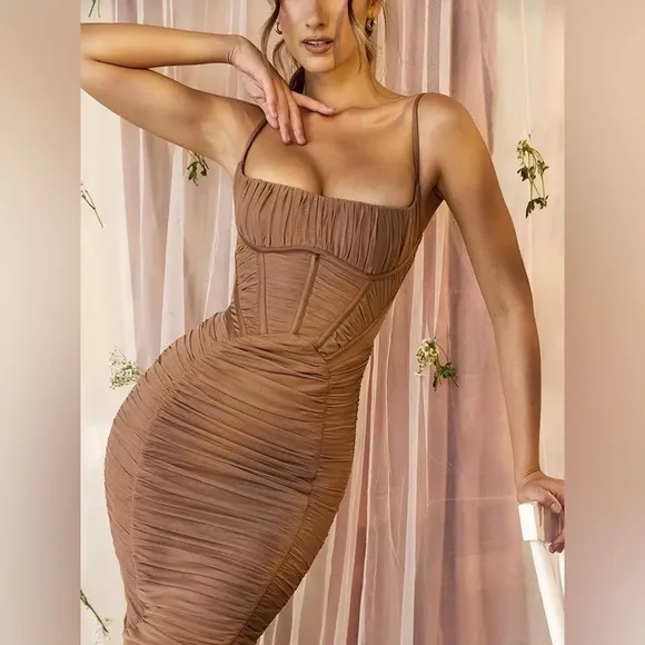 Corset dress ruched brown tan sexy bodycon maxi dress party event women’s