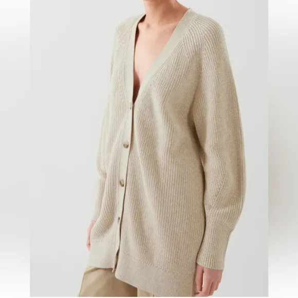 COS Chunky Jacquard Knit Ribbed Longline Dress Button Raglan Cardigan Sweater XS