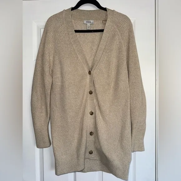 COS Chunky Jacquard Knit Ribbed Longline Dress Button Raglan Cardigan Sweater XS