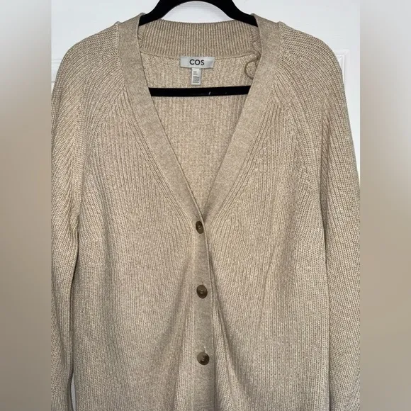 COS Chunky Jacquard Knit Ribbed Longline Dress Button Raglan Cardigan Sweater XS
