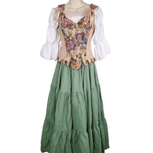 Cottagecore Renaissance 3 Piece Corset Peasant Sleeve Dress Green Maxi Skirt