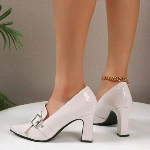 Crocodile Pattern Buckle Decor Chunky Heeled Loafer Pumps,Single Sole Elegant