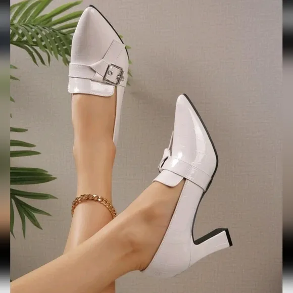 Crocodile Pattern Buckle Decor Chunky Heeled Loafer Pumps,Single Sole Elegant