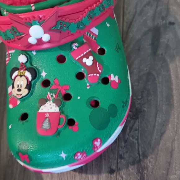 CROCS Micky Mouse Green and Red Cozy Slippers with Floral Design