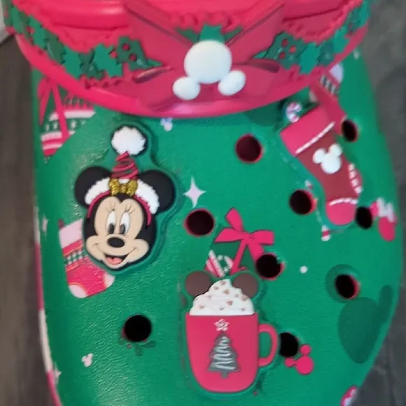 CROCS Micky Mouse Green and Red Cozy Slippers with Floral Design