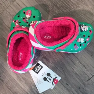 CROCS Micky Mouse Green and Red Cozy Slippers with Floral Design