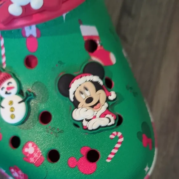 CROCS Micky Mouse Green and Red Cozy Slippers with Floral Design