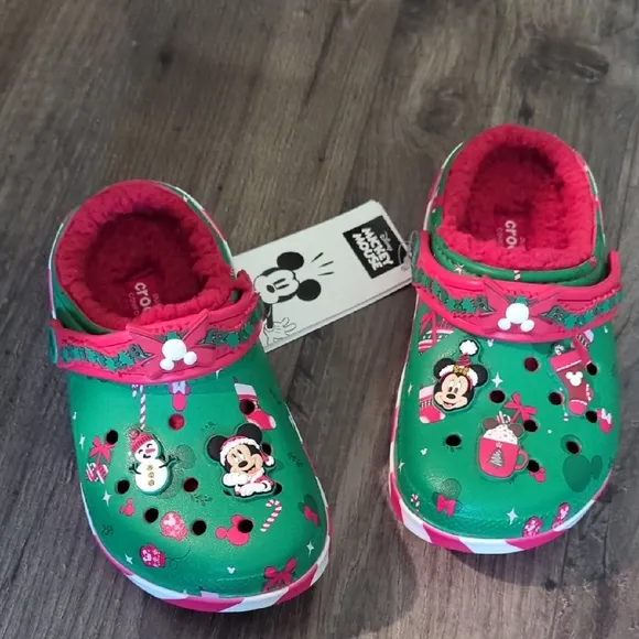CROCS Micky Mouse Green and Red Cozy Slippers with Floral Design