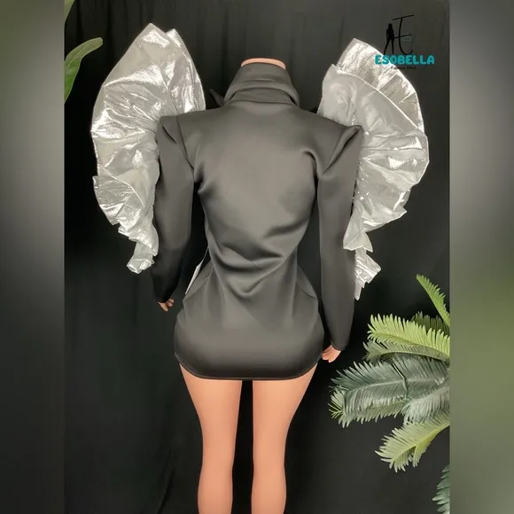 Crystal Deep V-Neck Slim-Fit Long-Sleeve Blazer Dress with Wings