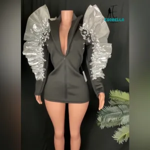 Crystal Deep V-Neck Slim-Fit Long-Sleeve Blazer Dress with Wings