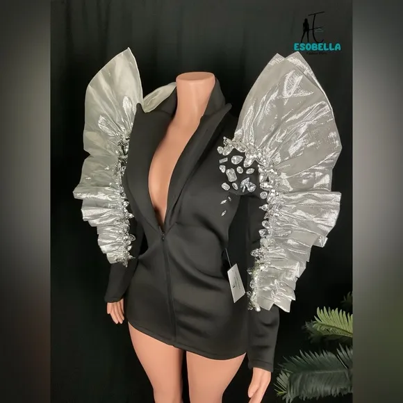 Crystal Deep V-Neck Slim-Fit Long-Sleeve Blazer Dress with Wings