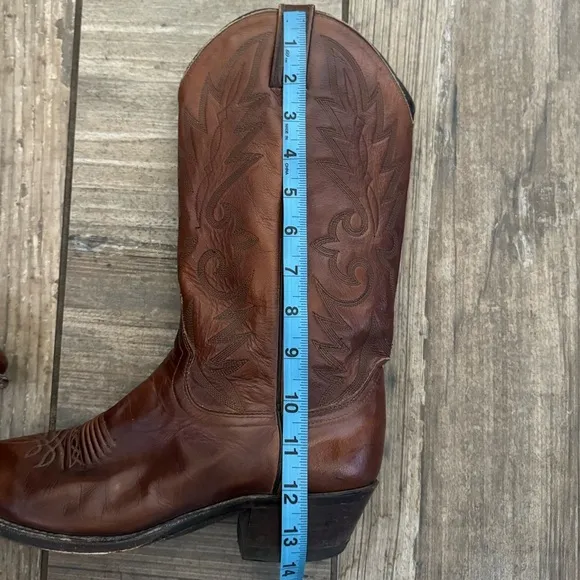 DAN POST COWBOY BOOTS WINGTIP BROWN STITCHED LEATHER, #16782 SIZE 9D, VINTAGE