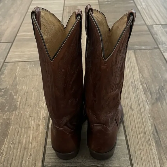 DAN POST COWBOY BOOTS WINGTIP BROWN STITCHED LEATHER, #16782 SIZE 9D, VINTAGE