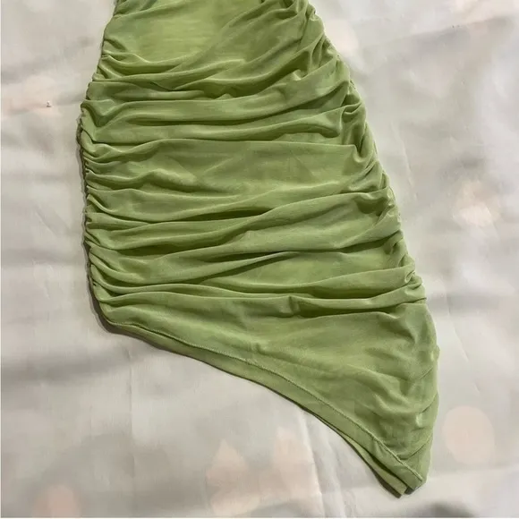 Danielle Guizio- Lime Green One Shoulder Asymmetrical Ruched Midi Dress Size S