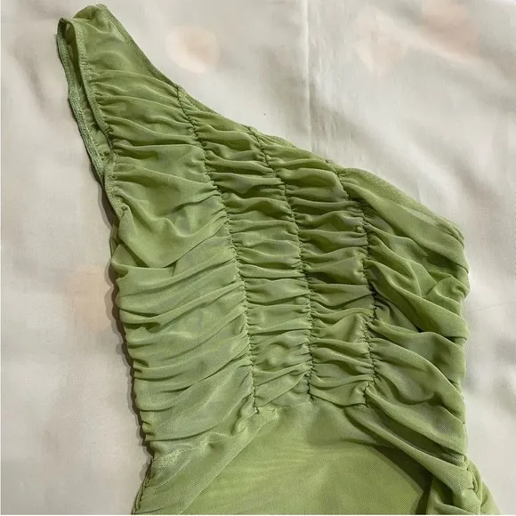 Danielle Guizio- Lime Green One Shoulder Asymmetrical Ruched Midi Dress Size S