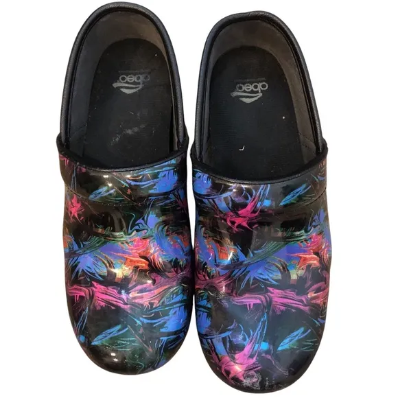 Dansko Black and Pink Mules with Chunky Sole paint splatter design sz 38