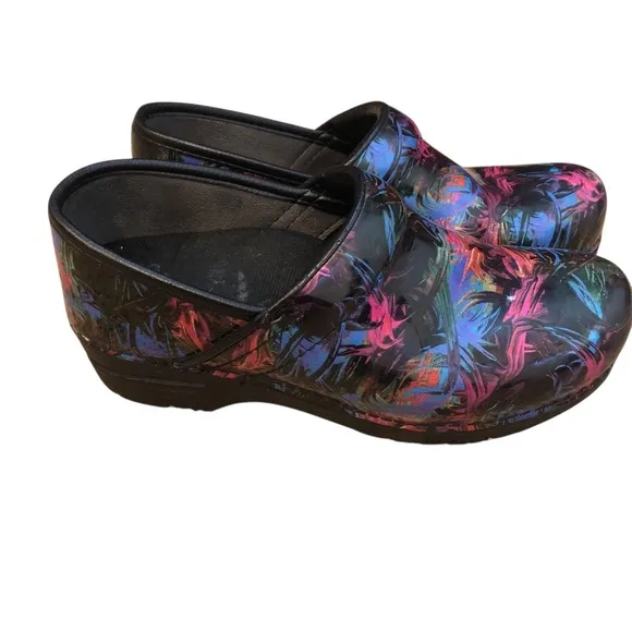 Dansko Black and Pink Mules with Chunky Sole paint splatter design sz 38