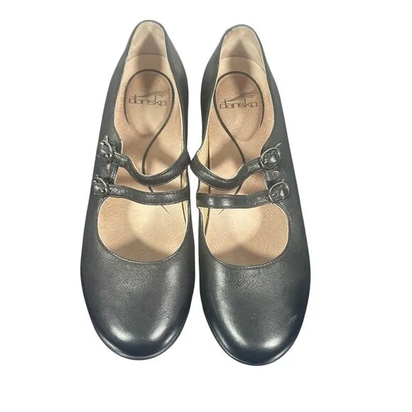 Dansko Black Leather Mary Jane Heels Sz 39 Us 8.5-9 Double Strap Comfort Work