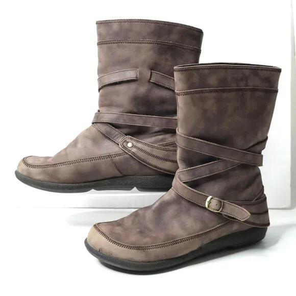 Dansko Brown Leather Mid Calf Boots Distressed Buckle Comfort Pull On Shoes 40