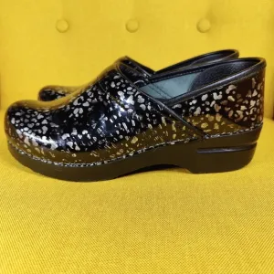 Dansko Clogs Black Silver Leopard Print Patent Leather Women's Shoes Size 8.5-9