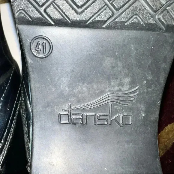 Dansko Women’s Clogs Shoes Mules Black Patent Leather Silver Copper Stripes 41