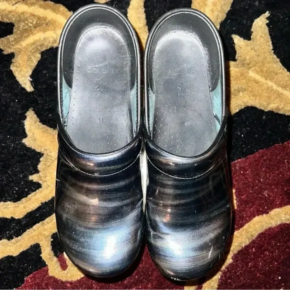 Dansko Women’s Clogs Shoes Mules Black Patent Leather Silver Copper Stripes 41