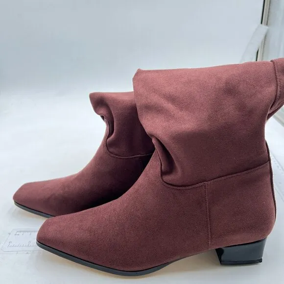 Dark Red Square Toe Knee High Boot Wide Calf Low Chunky Heels Long Boot Shoes