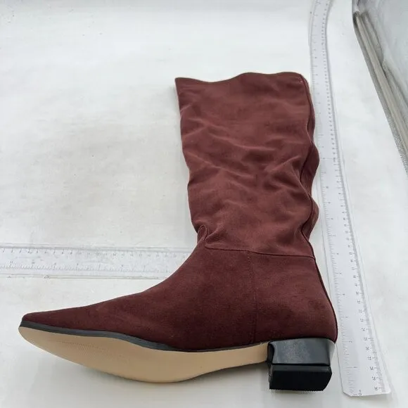 Dark Red Square Toe Knee High Boot Wide Calf Low Chunky Heels Long Boot Shoes