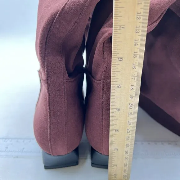Dark Red Square Toe Knee High Boot Wide Calf Low Chunky Heels Long Boot Shoes