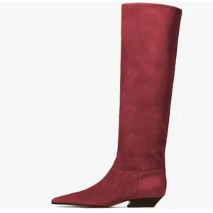 Dark Red Square Toe Knee High Boot Wide Calf Low Chunky Heels Long Boot Shoes