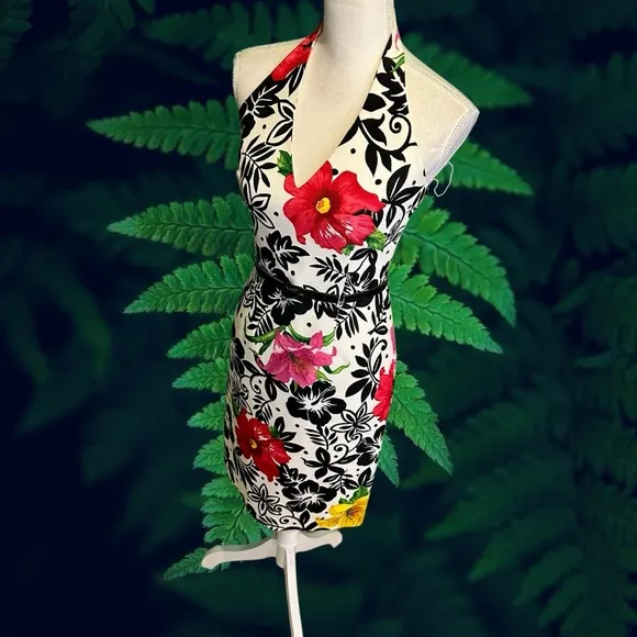 David Meister Vintage 100% Silk Hawaiian Floral Print Halterneck Belted Dress 2